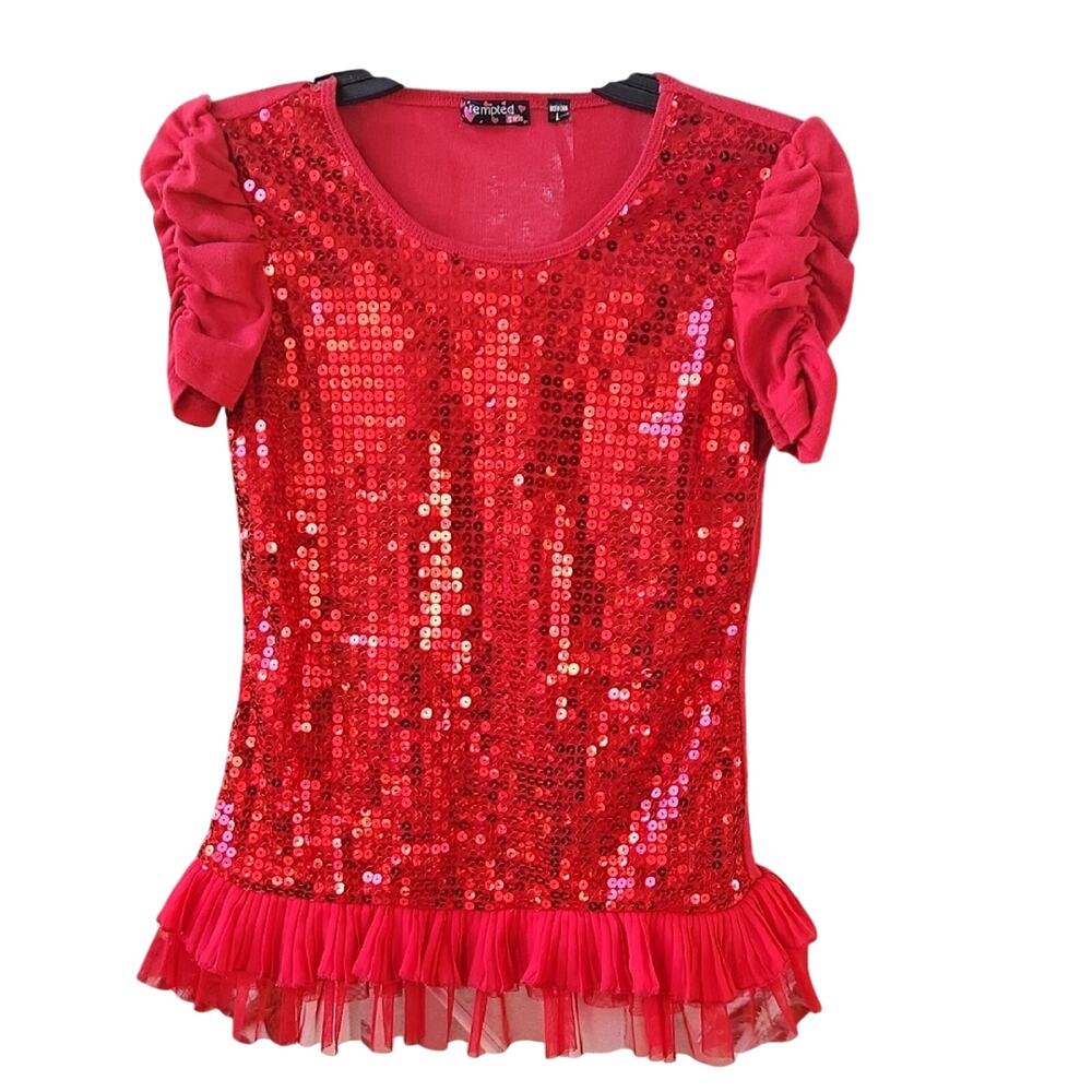 Tempted Red Sequin Ruffled Tunic Top Girls Large